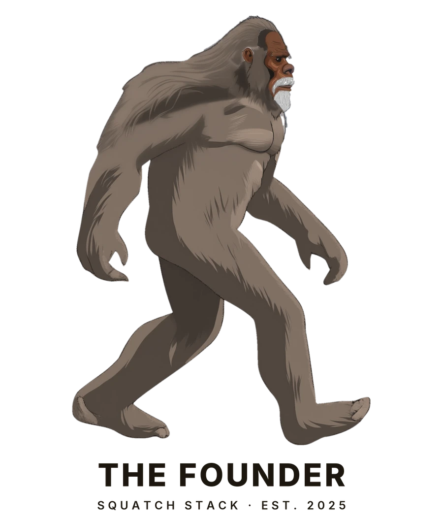 The Founder: a walking Sasquatch with a salt-and-pepper goatee