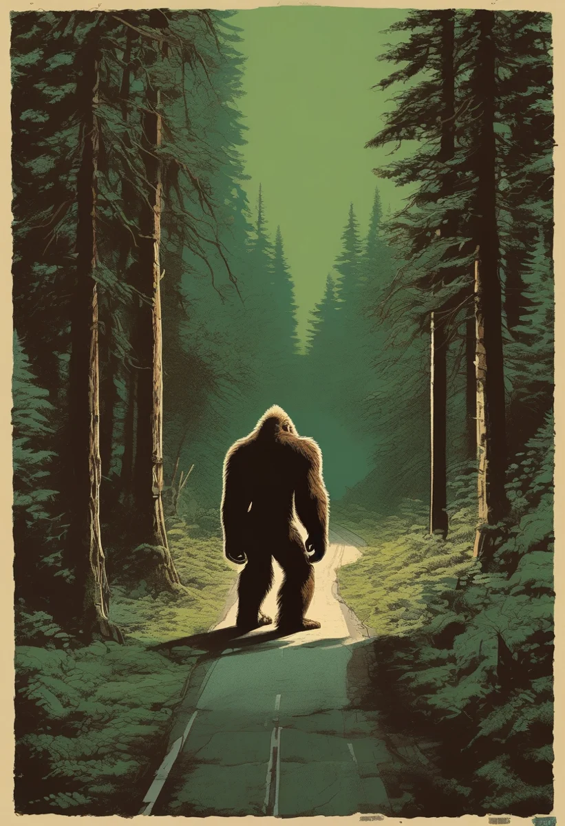 A Sasquatch walking up a forest road where the pavement runs out