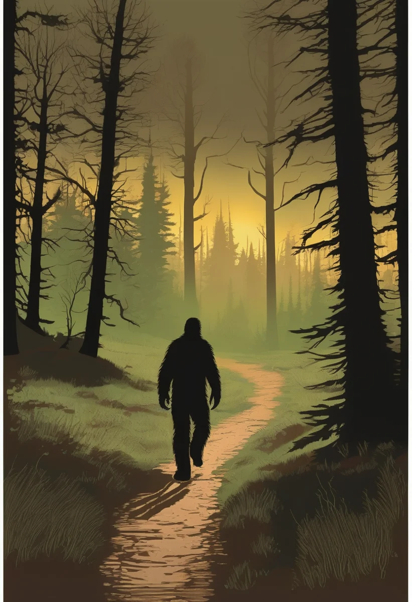 A Sasquatch walking a winding path through the woods at a gold dawn